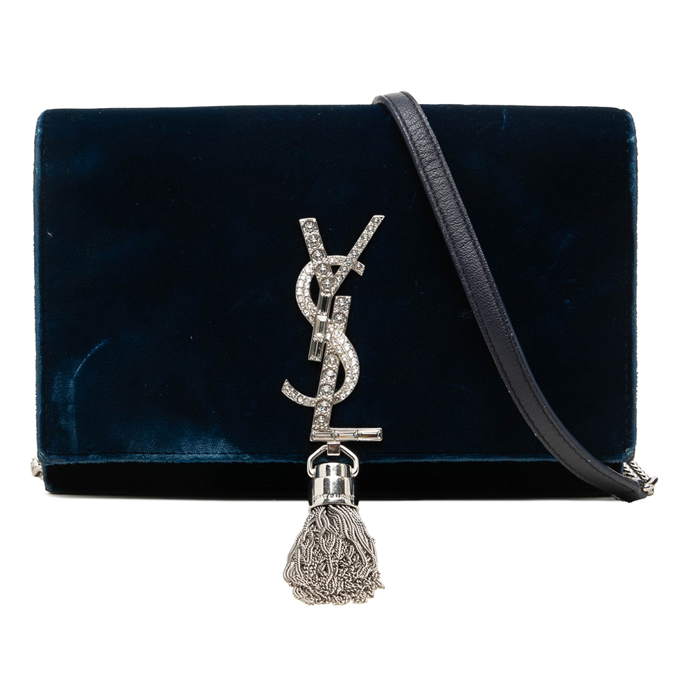 Pre-Loved Saint Laurent Velvet Crystal Monogram Kate Tassel Wallet On Chain